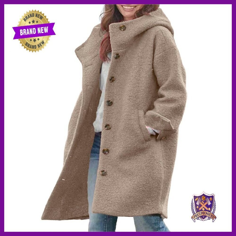 Women's Winter Wool Blend Trench Coat with Hood, Knee Length, Button Cuffs